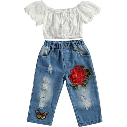 1-6Y Toddler Kids Baby Girl Short Sleeve Lace Tank Tops Embroidery Floral Ripped Jeans Denim Pant Trouser 2PCS Girls Clothes Set