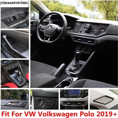Shift Gear Panel / Door Handle Bowl / Pillar A Speaker Cover Trim Carbon Fiber Look Interior For VW Volkswagen Polo 2019 - 2021