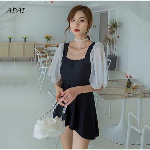 Sexy One-piece Swimsuit with Skirt Ruffles Bathing Suits 2021 Chiffon Bikini Bandage Bow Summer Swim Beach Wear Women Swimwear