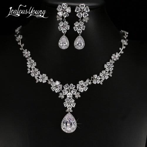 Luxury Flower Earrings & Necklace Bridal Jewelry Sets For Zircon White Gold Color Wedding African Beads Jewelry Set