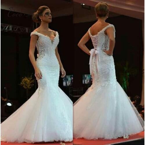 Sexy Deep V neck Pearl Wedding Dresses Mermaid Style Africa New White Lace Appliques Plus Size Tulle Wedding Gowns W0368