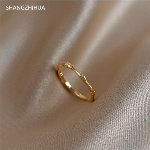 SHANGZHIHUA Creative Bamboo Shape Copper Gold Rings Fashion Korean Jewelry For Woman 2021 New Party Luxury Girls Unusual Ring