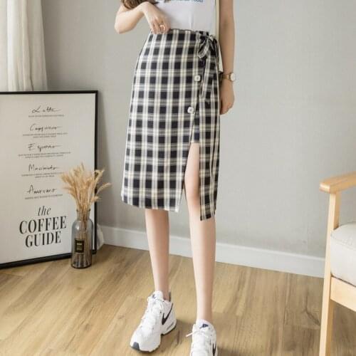 New High Waist Irregular A-line Skirt Women Summer One Piece Single breasted Wrap Skirt Women Plaid Slim Split Wrap Skirt Woman