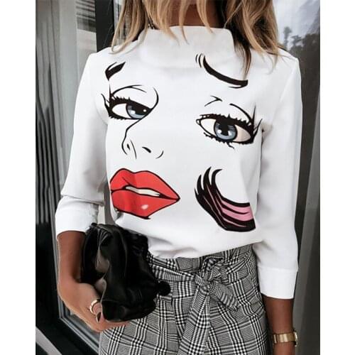 Autumn Women Blouse Shirts Cute Eyes Lips Print Casual Stand Neck Elegant Pullover Tops Lady Fashion Long Sleeve Sexy Top