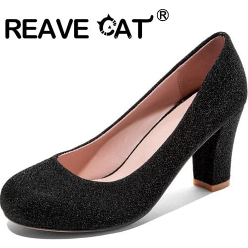 REAVE CAT 2021 Spring New Party Bling Pumps Round Toe Glitter Slip On 7cm High Thick Heel Shoes Big Size 31-47 Gold Silver Black