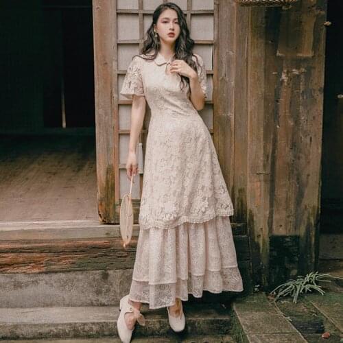 French style Cascading pleated full lace cake style dress female retro ruffles stitching long cheongsam style dress wq2091