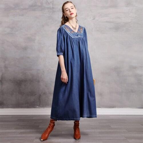 Autumn Womens Straight Dress 2020 Vintage Girls Loose V neck Dress Female Woman Embroidery Dresses V-Neck Vestidos Q82256