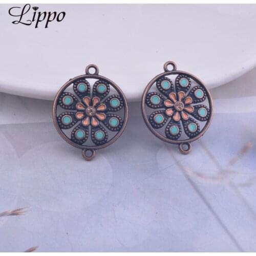 12pcs Antique Copper Color Round Enamel Flower Earrings Connector Earrings Pendant Base Connector DIY Jewelry Findings