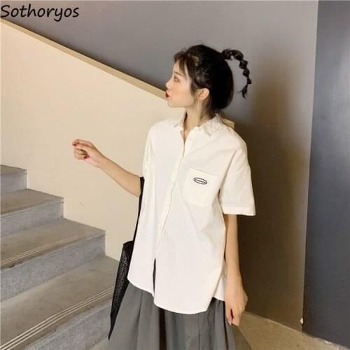Blouse Women Shirts Summer Turn-down Collar Pockets Embroidery Printed Short Sleeve Outwear BF Leisure Trendy Elegant Chic New