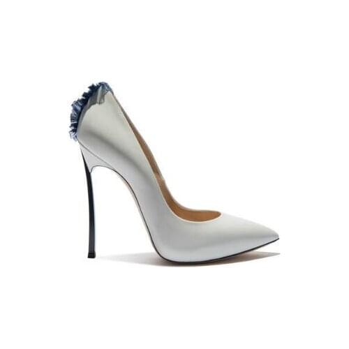 Carpaton 2018 Spring New fashion iron heel pointed toe super high heel shoes 43 flower single shoes gray and apricot colors