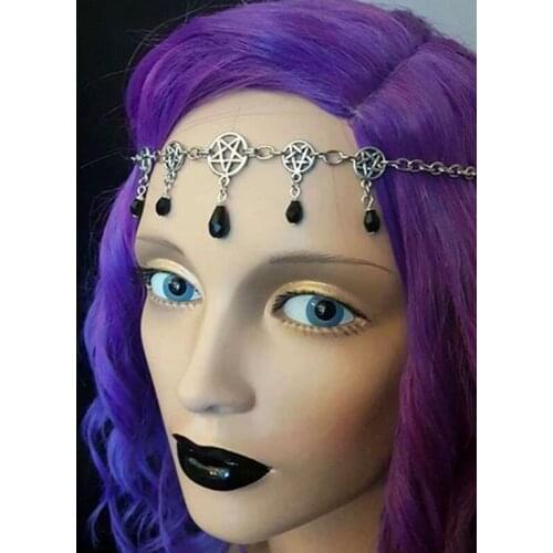 Gothic Pentagram Head Chain Witchcraft Punk Multilayer Wizard Black Crystal Hair Band Ornament Goth Halloween Accessories VGH032