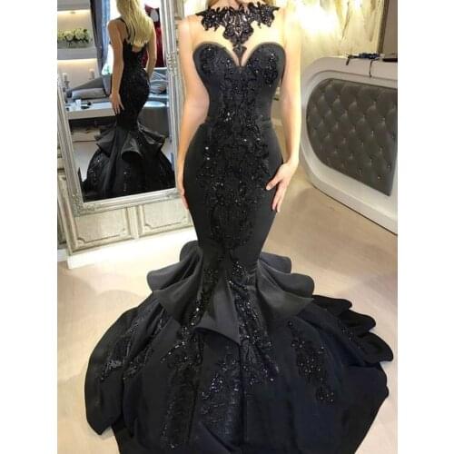 Black Satin Appliques Mermaid Prom Dress 2021 Sequined Evening Formal Party Gowns robes de soirée
