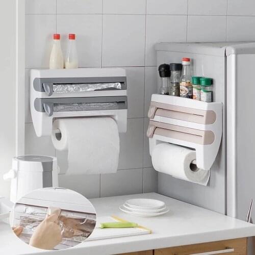 4 In 1 Kitchen Organizer Paper Towel Holder Cling Film Cutting Holder Sauce Bottle Tin Foil Paper Storage Rack Kitchen Shelf