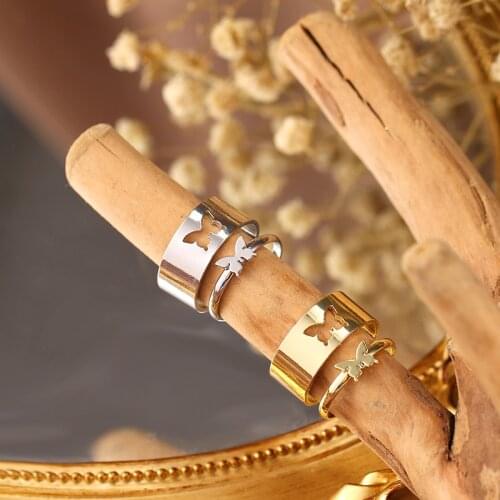 FAMSHIN Punk Butterfly Rings For Women Men Gold Silver Color Lover Couple Butterfly Ring Set Opening Engagement Wedding Jewelry