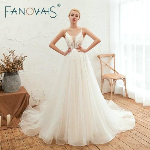 Fanovais V Neck Tulle 3D Flowers Boho Beach Simple Wedding Dresses Backless Sexy Bridal Gowns Robe de Mariee Vestido de novia