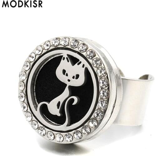 MODKISR Wholesale Stainless Steel The Cat 25mm Fashion Joker Aromatherapy Essential Oil Diffuser Charm Women Rings Jewelry Ring
