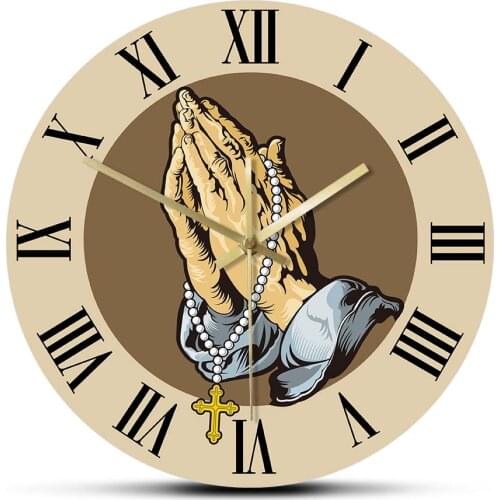 Praying Hands Rosary Round Wall Clock Prayer Hands Faith Christ Holy Bible Cross Art Clock Church Hope Design Silent Wall Watch