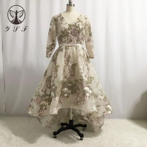 Best Selling Vestidos De Formature V Neck Appliqued Lace Long Sleeve Short Front Long Back Champagne Prom Dresses 2018