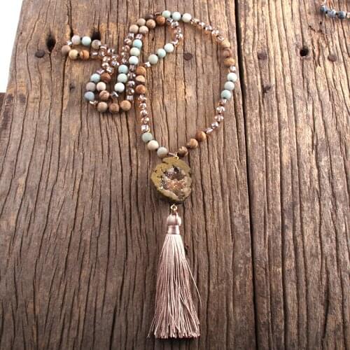 MD Fashion Bohemian Jewelry Semi Precious Stones Knotted Druzy Stone Tassel Necklaces For Women Gift Lariat Necklace
