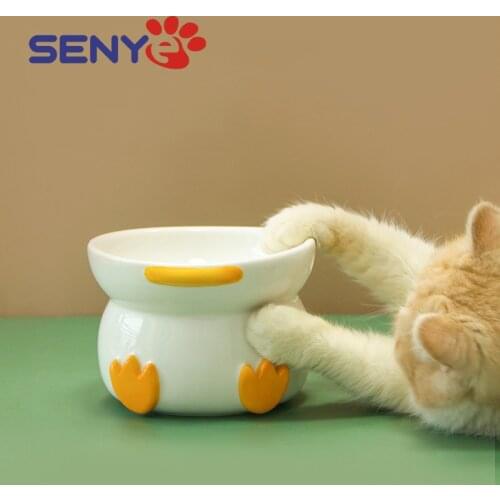 Cute Duck Pet Bowl Ceramic Easy-to-clean Ridge Protection High-foot Cat Feeding And Drinking Practical Bowl