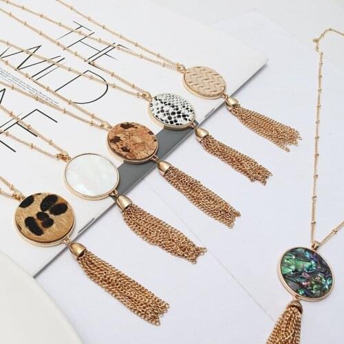 Fashion Round Abalone Shell Leopard Snake Skin Grainy Pendant Necklace Tassels Long Chain Sweater Necklace Geometric Jewelry
