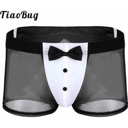 Men See Through Mesh Lingerie Butler Waiter Tuxedo Panties Swimming Boxer Briefs Sexy Gay Swimwear Underwear with Rabbit Ears