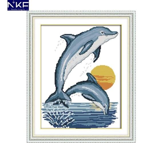 NKF Two Little Dolphins Cross Stitch Set Handmade Craft Needlework Cross-Stitch Embroidery Kit Cross Stitch for Home Decor