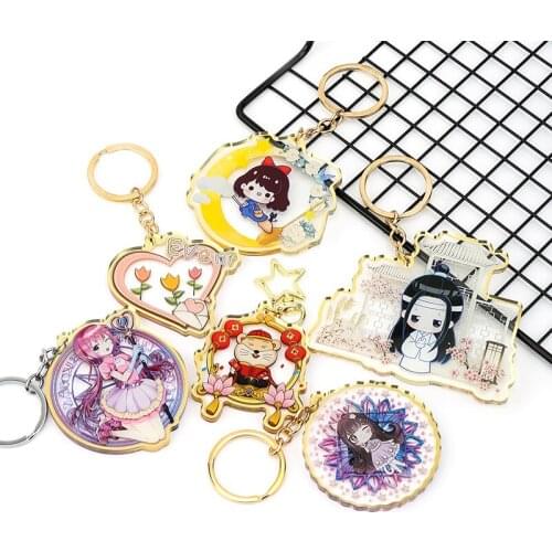 No MOQ VOGRACE cartoon anime gold acrylic keychain printed transparent clear glitter epoxy plastic charms with design