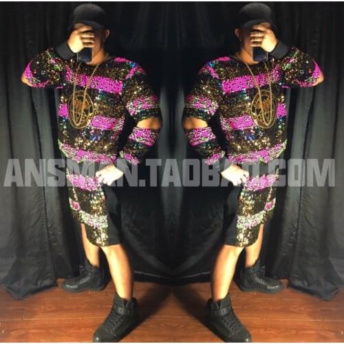 Nightclub Bar Male Singer DJ DS GOGO Tide Brand Colorful Hollow Hip Hop Sweatshirt Costume Set National Tide
