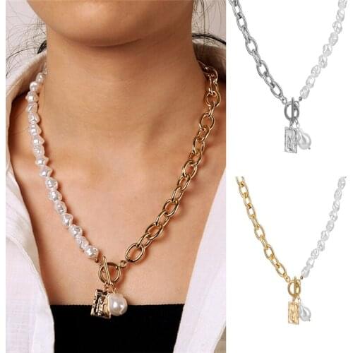 Punk Irregular Pearl Metal Chain Pendant Necklace for Women Men Girls Teens Pearls Necklaces Jewelry Gift 2021 Trend New Arrival