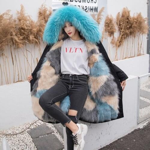 RosEvans 2020 Real Fur Coat Colorful Fox Fur Liner Winter Jacket Women Long Parka Waterproof Xlong Plus Size Hood Thick Warm