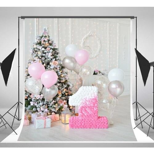 Pink Christmas Background 7x5ft Photo Photography Background 1 Year Birthday Party Newborn Christmas Tree Studio Background
