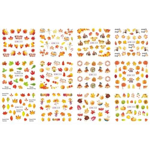UPRETTEGO 12 PACK/ LOT WATER DECAL NAIL ART NAIL STICKER GOLDEN AUTUMN FALL MAPLE LEAVES LEAF TURKEY PUMPKIN BN1513-1524