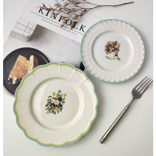 Vintage Ceramic Nordic Style Dinner Plate Under Glazed Porcelain Dishes Dessert Tray Flower Pattern Tableware Microwave Safe