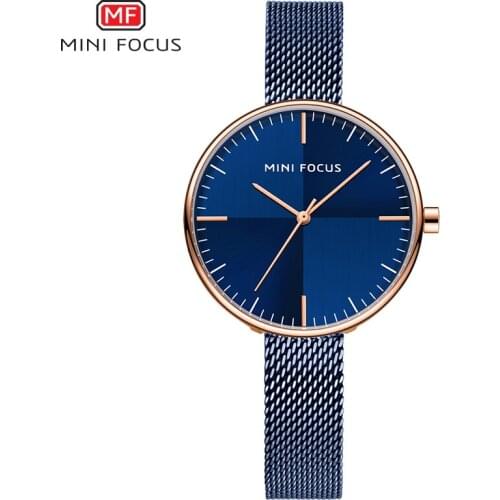 MINI FOCUS Womens Simple Analogue Quartz Watches Blue Stainless Steel Mesh Bracelet Wristwatch for Lady Relogios Clock 0275L