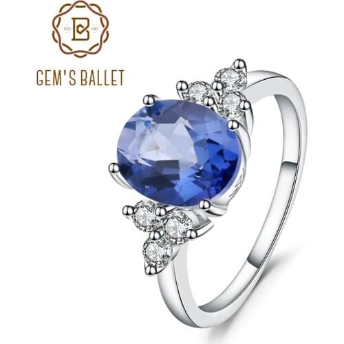 GEMS BALLET Natural Oval 2.36ct Iolite Blue Mystic Quartz Anniversary Rings For Women Solid 925 Sterling Silver Fine Jewelry