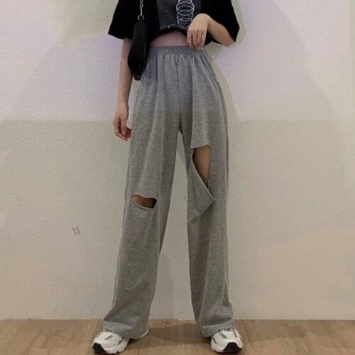 Women Casual Sweatpants New Arrival 2021 Korean Style Solid Color Hole Elastic High Waist Loose Female Straight Pants W399