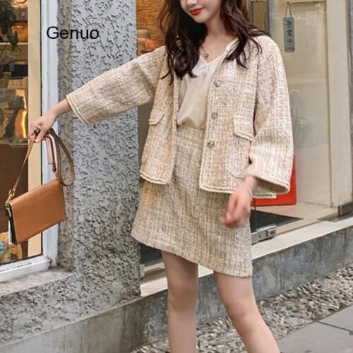 2020 Autumn Winter Women Elegant Suit Office Lady Solid Two Piece Set Female Pocket Jacket And Skirts Suit