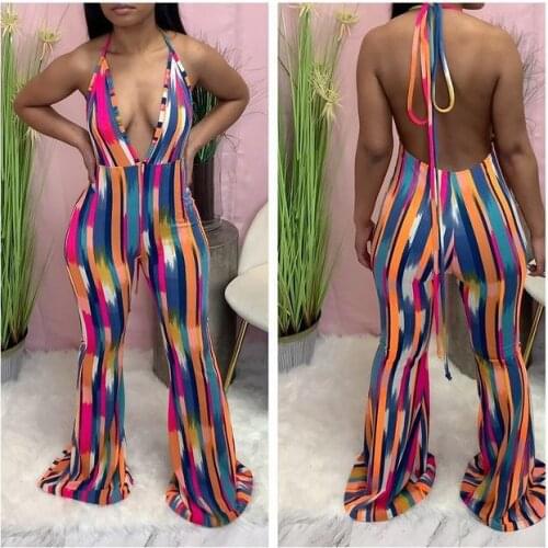 Echoine Tie Dye Print Halter Lace Up Backless Jumpsuit Sexy Bodycon V-enck Sleeveless Elegant Wide Leg Party Vintage Rompers