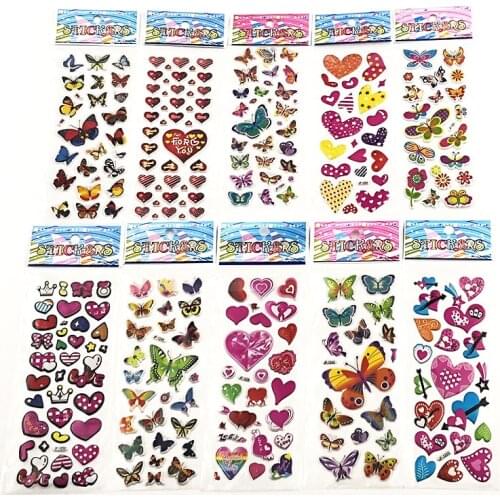 10Sheets Different 3D Cute Anime Stickers Toys Funny Toy For Kids On Notebook Phone Laptop New Year Gifts Butterfly Love Heart