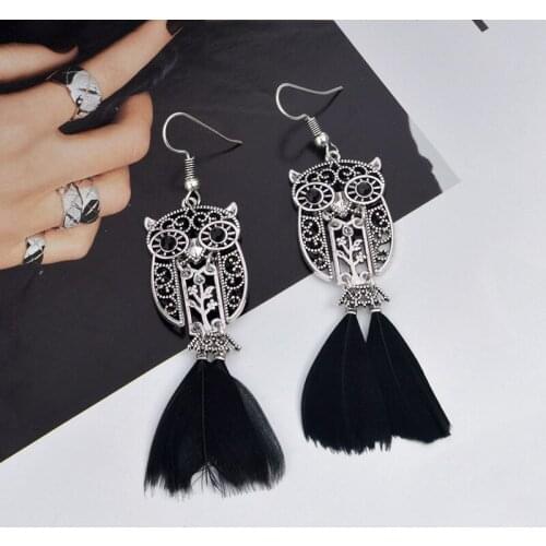 2 Style Vintage Gypsy Statement Ethnic Filigree Feather Carving Animal Owl Tassel Mental Pendant Jewelry Earrings For Women
