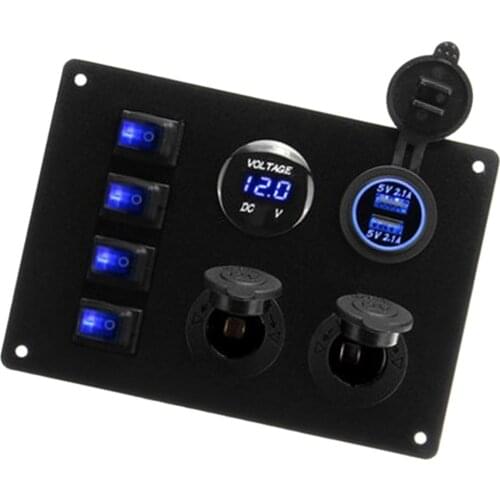 4 Gang Marine Boat Rocker Switch Panel Waterproof- Blue LED Lighted Switches 2.1A Dual USB Port Slot Socket+ Lighter Socket