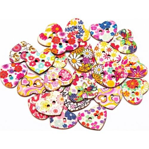 50pcs 25mm Natural Heart Shaped Wood Buttons 2 Holes Florals Sewing Button Embellishments Card Making Scrapbooking