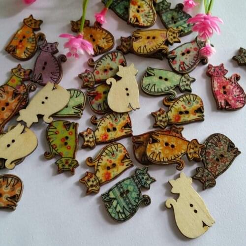 50pcs/lot New Arrival Mixed Colors Pretty Cat Wood Button 30*18mm Wooden Decorative Sewing Buttons Scrapbook botones