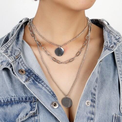 Boho Vintage Silver Color Punk Thick Chain Round Sequin Pendant Necklace For Women Fashion Geometry Multilayer Choker Jewelry