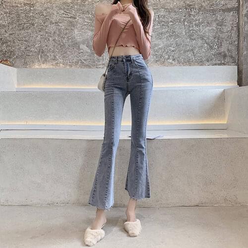 2021 Spring Summer Womens New Style Flared Pants Casual Streetwear Elegant High Waist Denim Pants Slim Boot Cut Jeans For Women