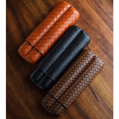 LUBINSKI Genuine Leather 2 Tube Cigar Cigarette Holder Case Travel Portable Humidor Tobacco Storage Tool Mesh Pattern For Cohiba