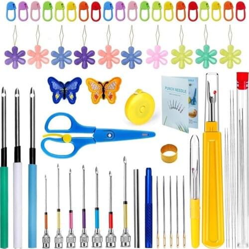 LMDZ 59 Pcs Punch Needle Set Embroidery Beginner Kit with Punch Needles Sewing Tools Seam Ripper Scissor Knitting Stitch Markers