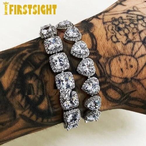 New Iced Out Bling AAA Zircon Heart Bracelet Hip Hop Fashio Women Jewelry 10mm Gold Silver Color Heart Tennis Chain CZ Bangle