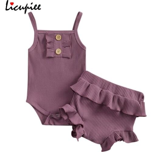 0-24 Months Baby Solid Newborn Baby Girls 2-piece Outfit Set Sleeveless Solid Color Romper and Shorts Set Kid Girls